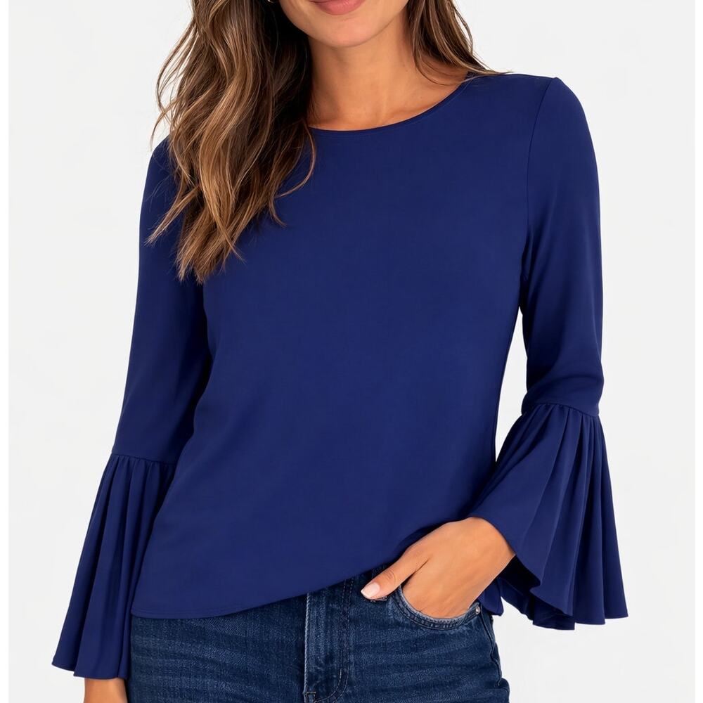 Michael‎ Kors Bell-Sleeve Top True Navy Blue Small Quiet Luxury Minimalist